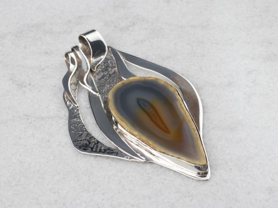 Large Pear Agate Pendant, Sterling Silver Artisan… - image 1