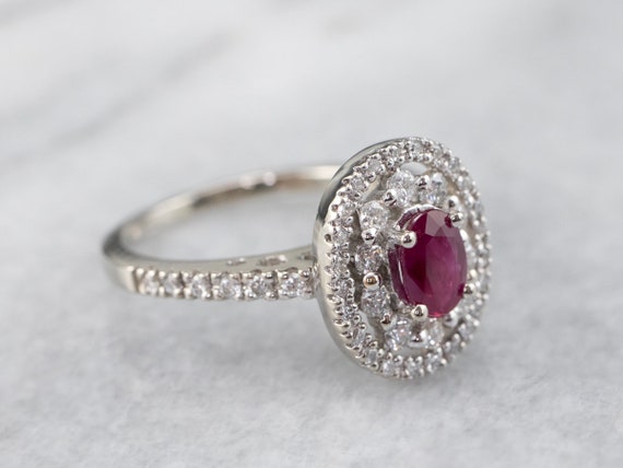 Ruby and Diamond Double Halo Ring, 14K White Gold - image 2