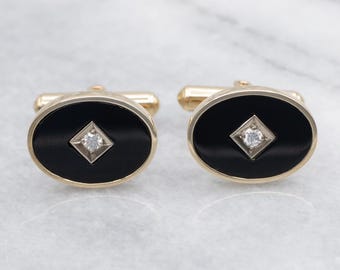 Vintage 14K Gold Black Onyx Diamond Cufflinks, Oval Cut