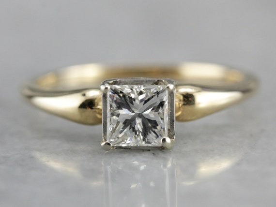 Modern Square Cut Diamond in Vintage Two Tone Gold Engagement Ring