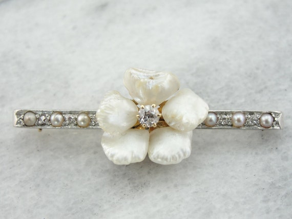 Fine Diamond and Pearl Blossom Brooch, Belle Époq… - image 1