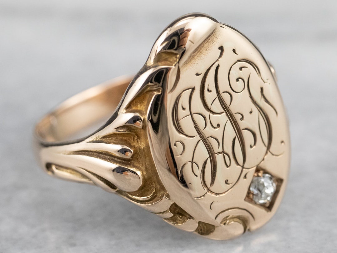 shun.silversmith 18kローズリング 10号 Victorian 10K Rose Gold Diamond Signet Ring, Antique JJT Monogram