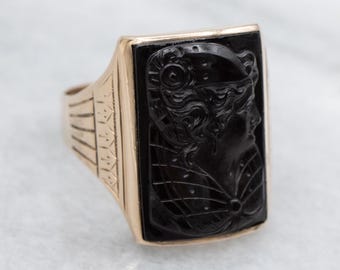 Viktoriansk 14K roséguldring med svart onyx-cameo