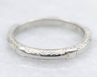 18K White Gold Etched Wedding Band, Stacking Ring