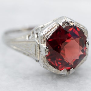 Art Deco Filigree Garnet Ring, 18K White Gold, Estate Jewelry