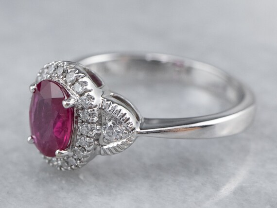 18K White Gold Ruby Diamond Halo Ring, Anniversar… - image 4