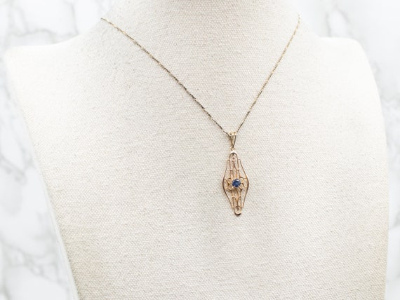 Antique Sapphire Gold Filigree Pendant, Sapphire … - image 4