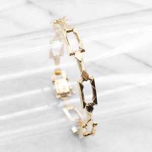 Yellow Gold Bar and Rectangle Link Bracelet with Box Clasp, Gold Rectangle Link Bracelet, Gold Link Bracelet, Gold Chain Bracelet A43086