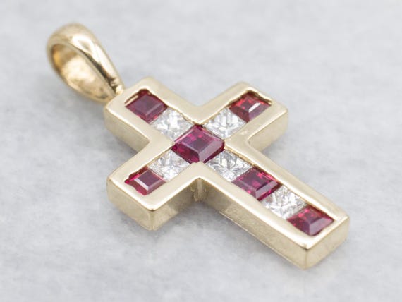 14K Yellow Gold Ruby and Diamond Cross Pendant - image 2