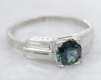 Art Deco Green Sapphire 18K White Gold Engagement Ring