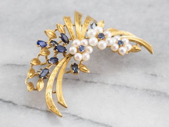 Vintage Gold Marquise Sapphire and Pearl Brooch, … - image 3