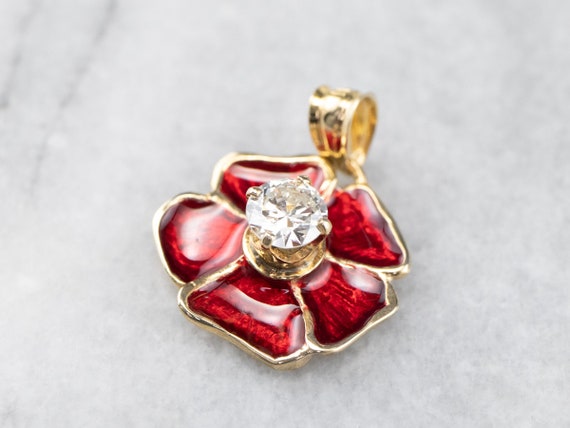 Diamond Poppy Flower Pendant, Gold and Enamel Pen… - image 3