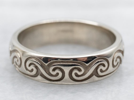 Vintage 14K White Gold Wave Pattern Band, Unisex … - image 1