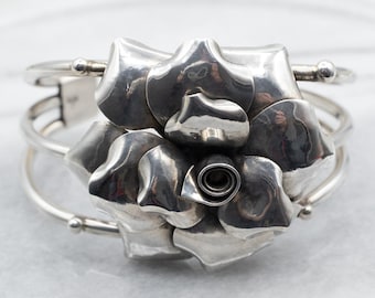 Sterling Silver Flower Cuff Bracelet, Floral Statement Jewelry