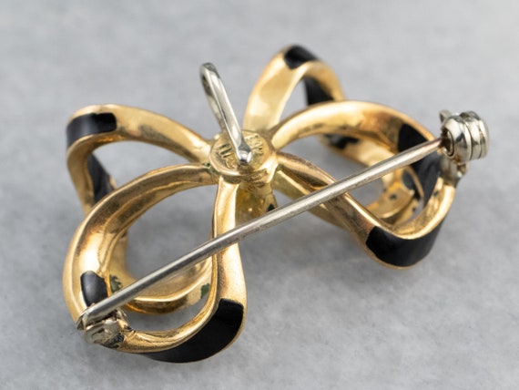 Vintage Black Enamel Bow Brooch, Bow Watch Pin, R… - image 6