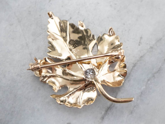 Gold Diamond Grape Leaf Brooch, Gold Leaf Pin, Di… - image 6