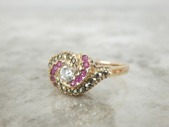 Antique Victorian Ruby And Marcasite Ring With Di… - image 1