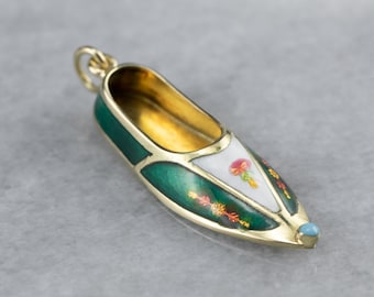 14K Gold Enamel Slipper Charm, Turquoise Accent