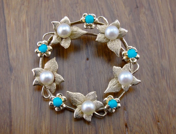 Art Nouveau Leaf, Pearl and Turquoise Circle Pin … - image 5