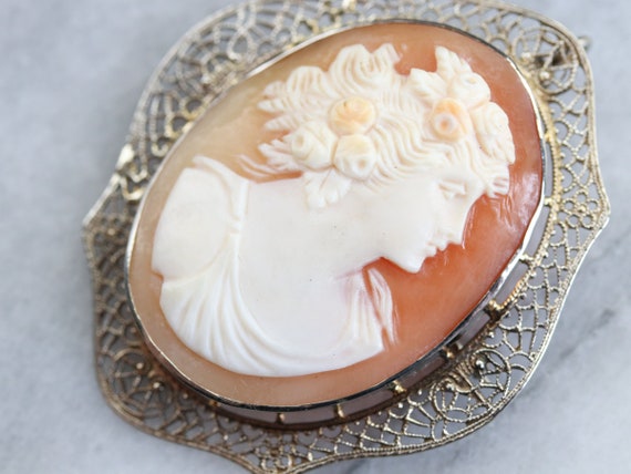 Vintage White Gold Cameo Brooch or Pendant, Cameo… - image 6