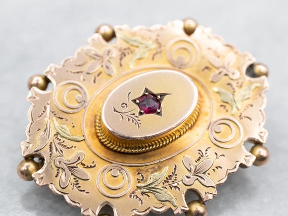 Ornate Victorian 9K Yellow Gold Ruby Brooch, Brid… - image 2
