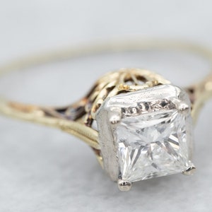 Princess Cut Diamond Art Deco Filigree Engagement Ring, Two Tone Gold Diamond Ring, Antique Engagement Ring, 18K Diamond Ring A19426