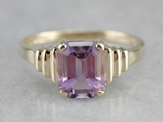 14K Yellow Gold Amethyst Ring, Emerald Cut Solitaire, Size 10