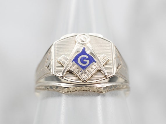 White Gold Blue Enamel Masonic Ring, Vintage Maso… - image 4
