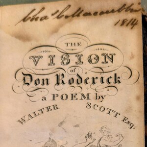 May include: An antique book title page titled The Vision of Don Roderick, a poem by Walter Scott Esq., dated 1814. The page features a black ink illustration of a reclining figure with an arm raised, surrounded by three standing figures in robes.