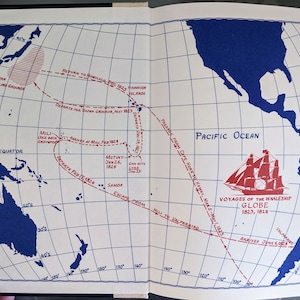 May include: A map showing the voyages of the whaleship Globe from 1823 to 1824. The map shows the ship's route across the Pacific Ocean, starting from Cape Horn and ending in Valparaiso. The map also includes details about the ship's encounters with mutiny and escape from the island of Mili.