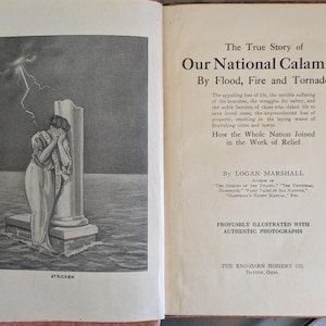 May include: An open book with a black and white illustration of a woman standing in water, covering her face, with a lightning bolt in the background. The text on the right page reads "The True Story of Our National Calamity".