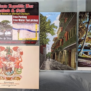4 Pirate Postcards:  Pirate Port, Bermuda; Pirate Alley, New Orleans; Armorial Bearnings Galleon, Bermuda; Pirate Republic Bar, Florida
