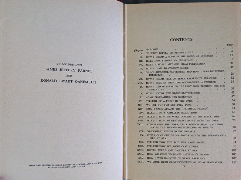 May include: Open book with the title page on the left and the table of contents on the right. The title page reads "TO MY NEPHEWS" and lists the authors. The table of contents lists chapters and page numbers.