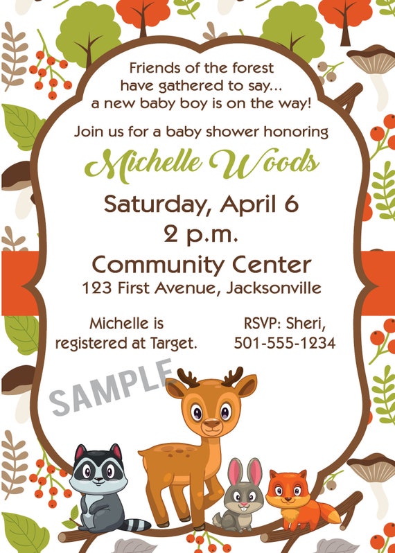 woodland friends baby shower invitations