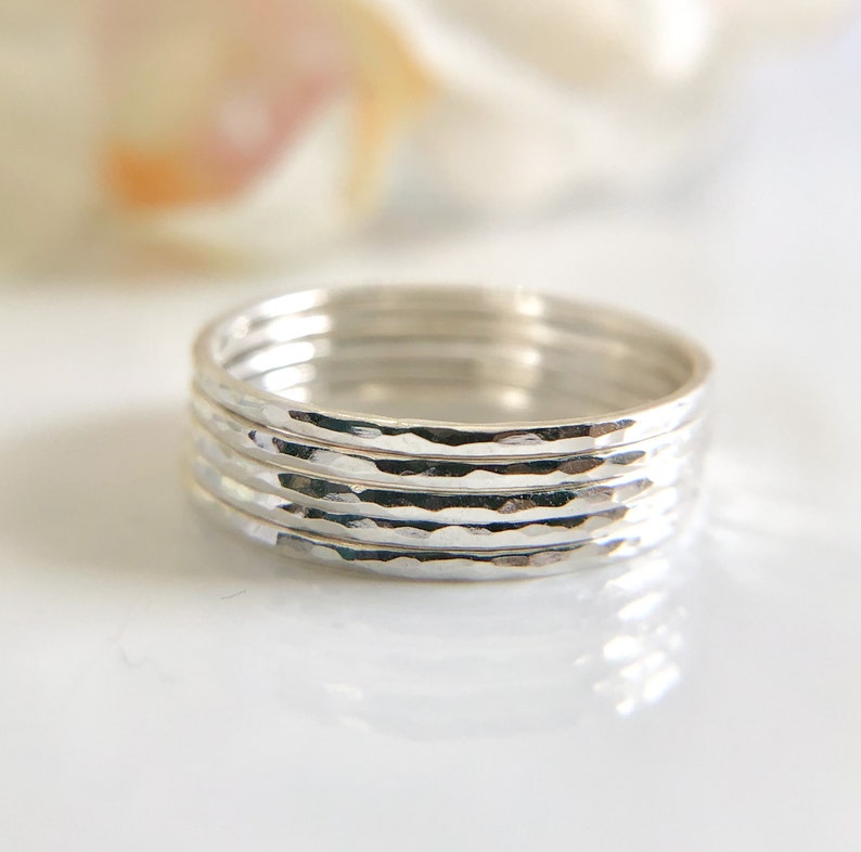 5 SKINNY Sterling Silver Stacking Rings, Summer Jewelry Ring Stacking Set, Hammered Rings, Minimalist Jewelry, Etsy Gift Ideas, Boho Ring image 5