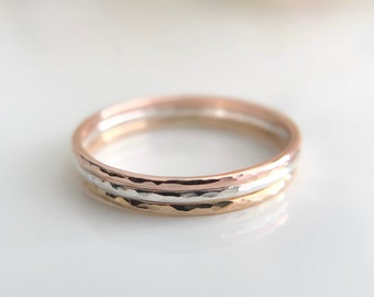 Hammered Gold & Sterling Silver Stacking Ring Set