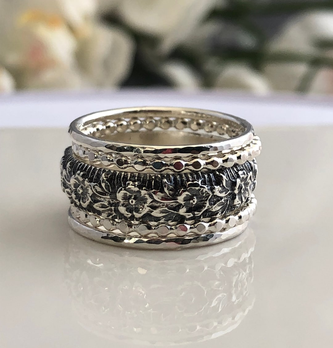 Sterling Silver Floral Stacking Ring Set, Oxidized Boho Rings ...