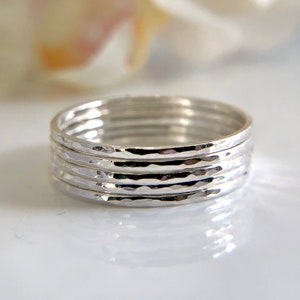 5 Skinny Hammered Sterling Silver Stacking Rings: Minimalist Boho Jewelry