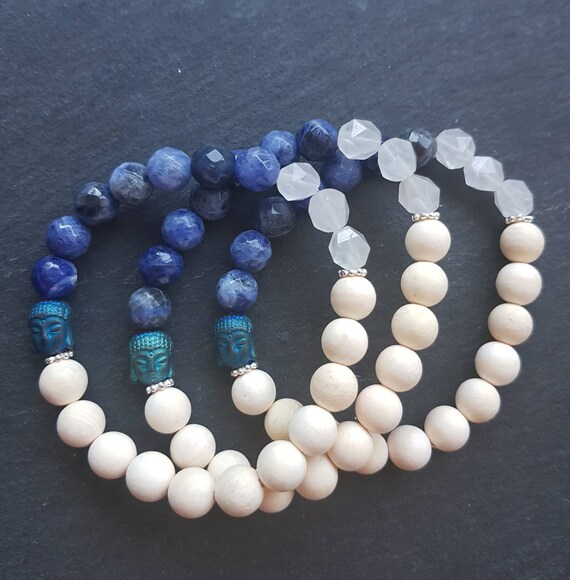 Stretch Bracelet Set of 3 White Wood and Magnesite Beads with Buddha Charm Stretch Bracelet Set of 3 White Wood and Magnesite Beads with Buddha Charm