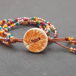 Vegan leather boho wrap bracelet, autumn leaf button bracelet, boho bead bracelet