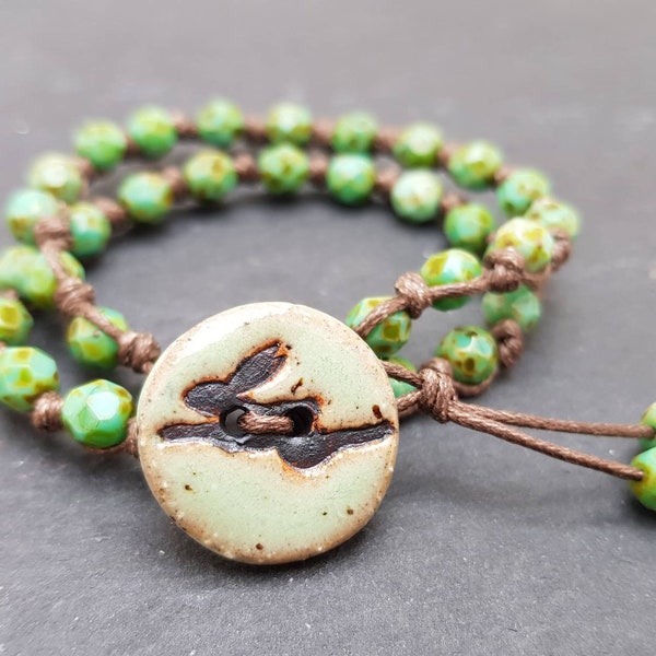 Hopping hare button bracelet, spring themed bracelet, double strand wrap bracelet, beaded wrap bracelet, vegan jewellery