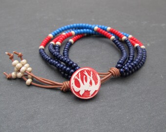 Vegan leather button wrap bracelet, seed bead bracelet, boho wrap bracelet