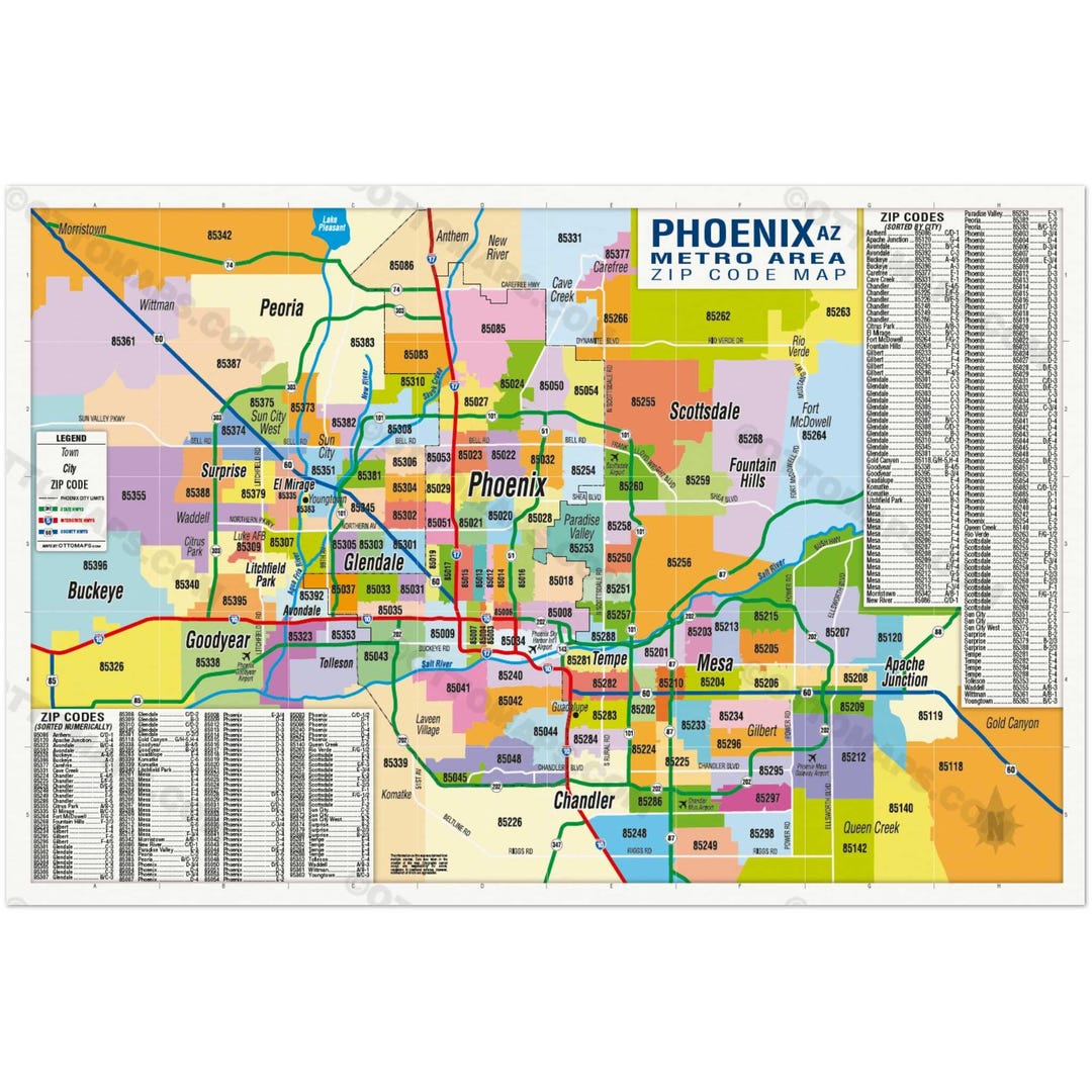 Phoenix Metro Area Zip Code Map Zip Codes Colored POSTER PRINTS - Etsy
