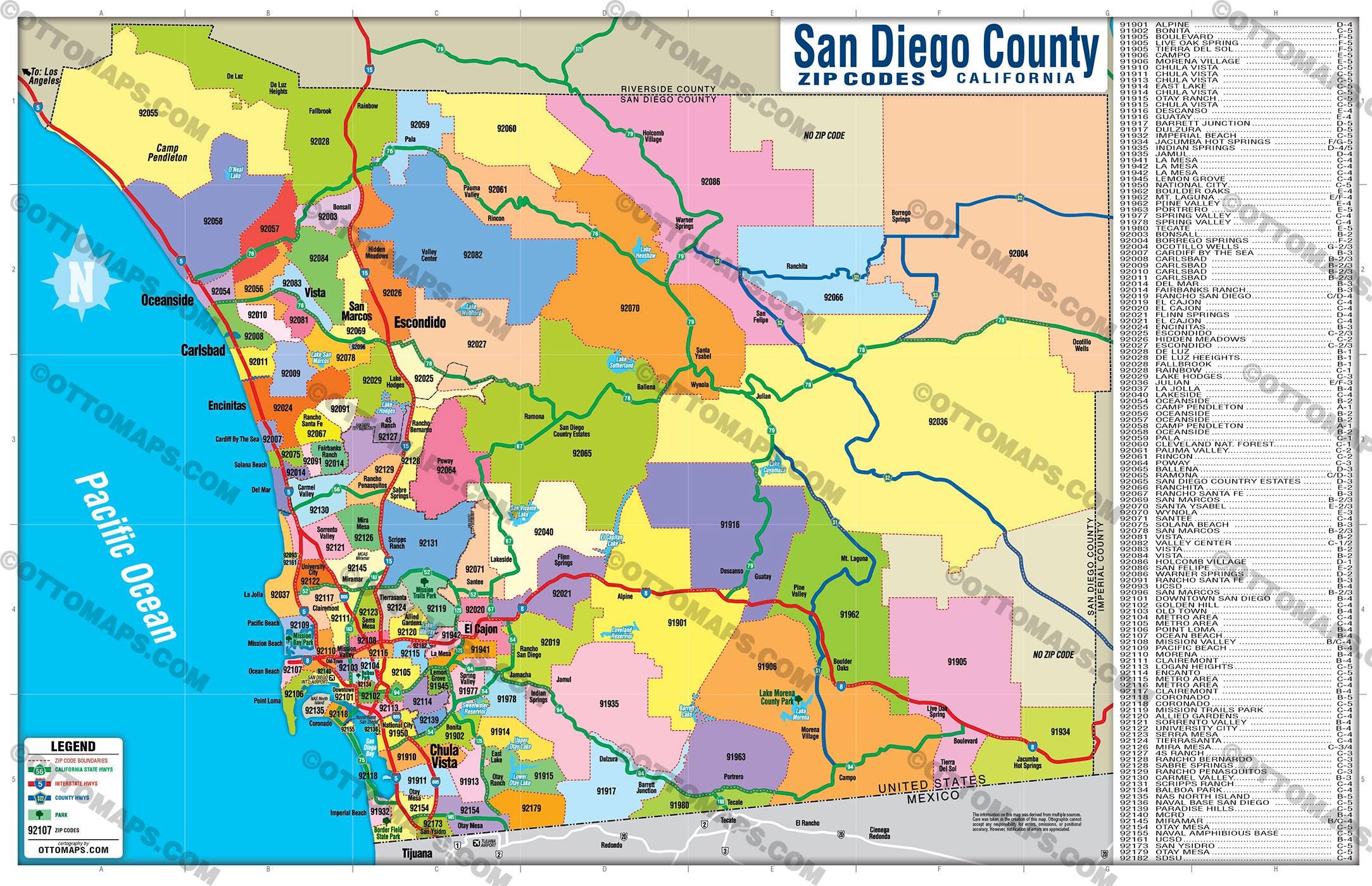 San Diego County Zip Code Map - FULL (zips Colorized) - POSTER PRINTS