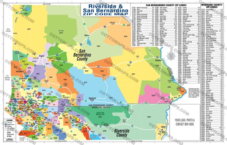 Riverside and San Bernardino Counties Zip Code Map - POSTER PRINTS - Etsy