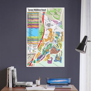 May include: A map of Carmel Mountain Ranch in San Diego County, California. The map shows the different neighborhoods, streets, and landmarks in the area. The map is color-coded to show the different neighborhoods. The map also includes a legend that explains the different symbols used on the map.