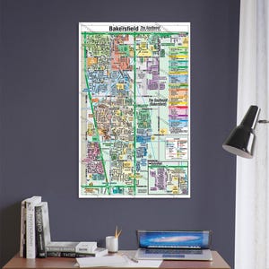 May include: A detailed map of the Southeast Bakersfield area in Kern County, California. The map shows the names of neighborhoods, streets, and landmarks. The map is printed on a white background with green, blue, and red lines and text.