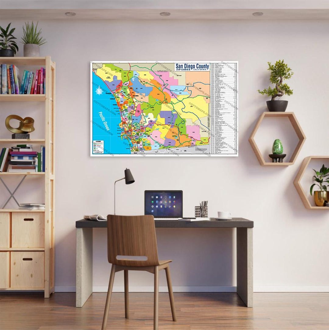 San Diego County Zip Code Map - FULL (zips Colorized) - POSTER
