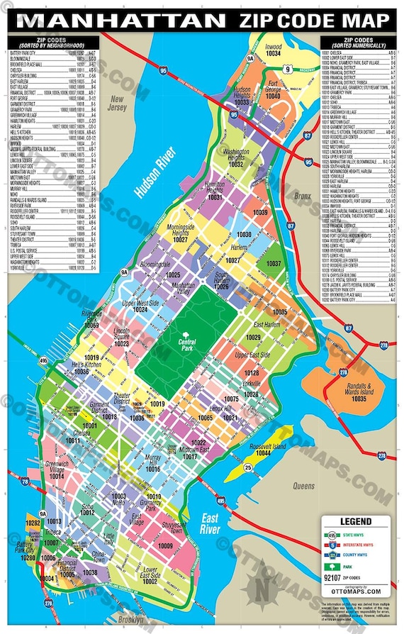 Manhattan Zip Code Map - Zip Codes Colorized - POSTER PRINTS - Etsy