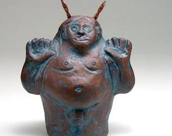 Pottery Clay Rattle, Sculpted Stoneware Horned One God Pan Altar Shaker Sculpture